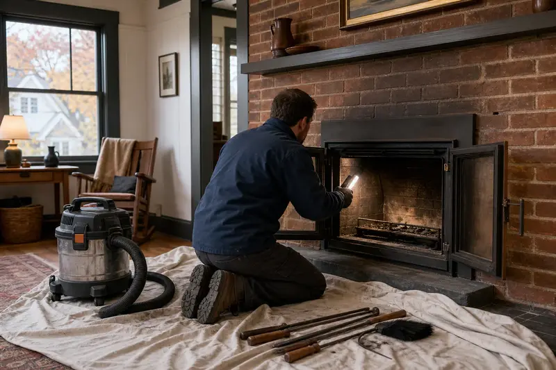 A technician checking the firebox walls of a wood-burning insert in a brick opening with a work light, a drop cloth on the hearth; illustrative image