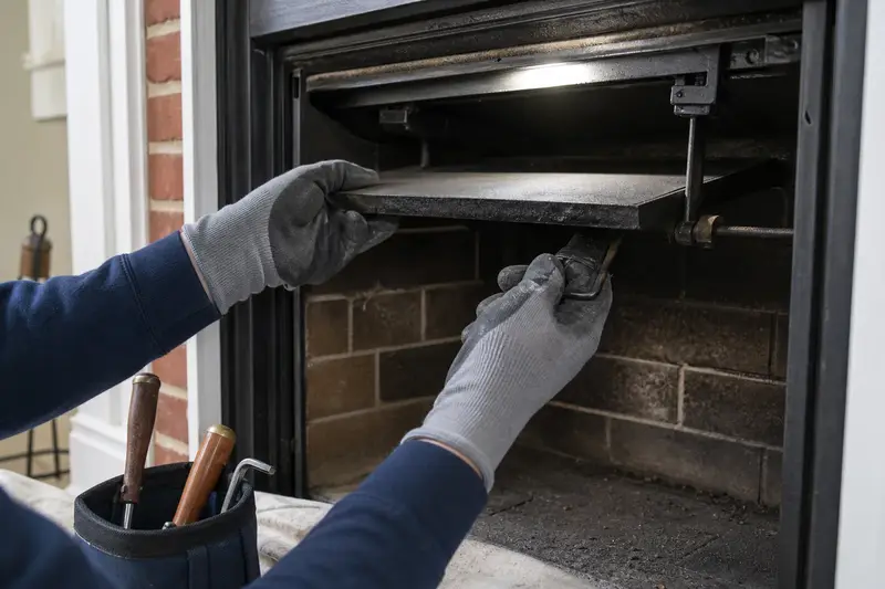 Gloved hands working a cast-iron damper plate inside a cold masonry firebox; illustrative image