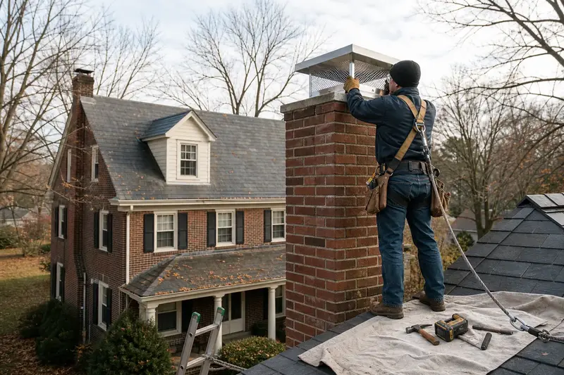 A harnessed technician setting a stainless steel mesh chimney cap onto a tall brick chimney on a steep gable roof; illustrative image