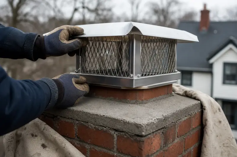A stainless steel mesh cap seated on a flue above a concrete crown, seen up close; illustrative image