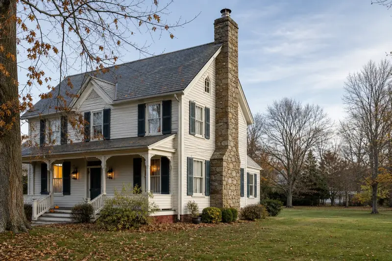 A 1940s Victorian frame house with a stone masonry chimney topped by a stainless steel cap; illustrative image