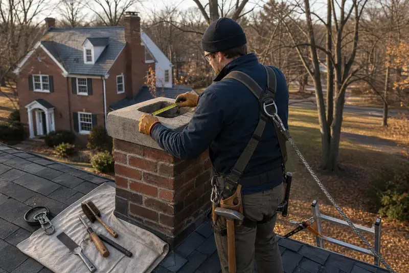 A harnessed technician sizing the flue opening of a red brick chimney with a concrete crown for a new cap; illustrative image