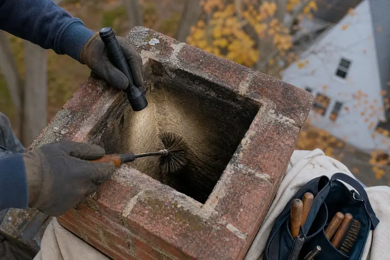 An open flue with no cap at the top of a brick chimney, seen up close; illustrative image