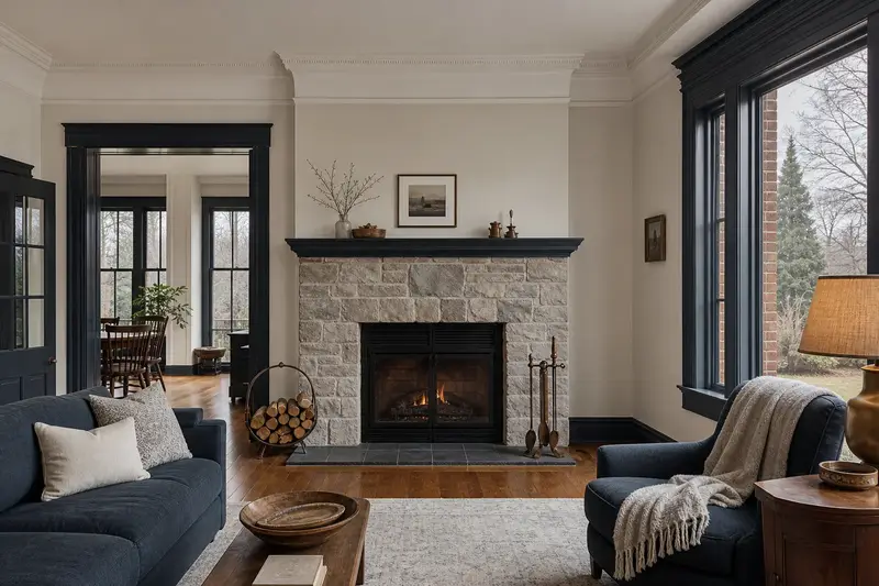 A tidy hearth room with a factory-built wood-burning fireplace with a stone facing, a cleared hearth, fireplace tools and split firewood; illustrative image
