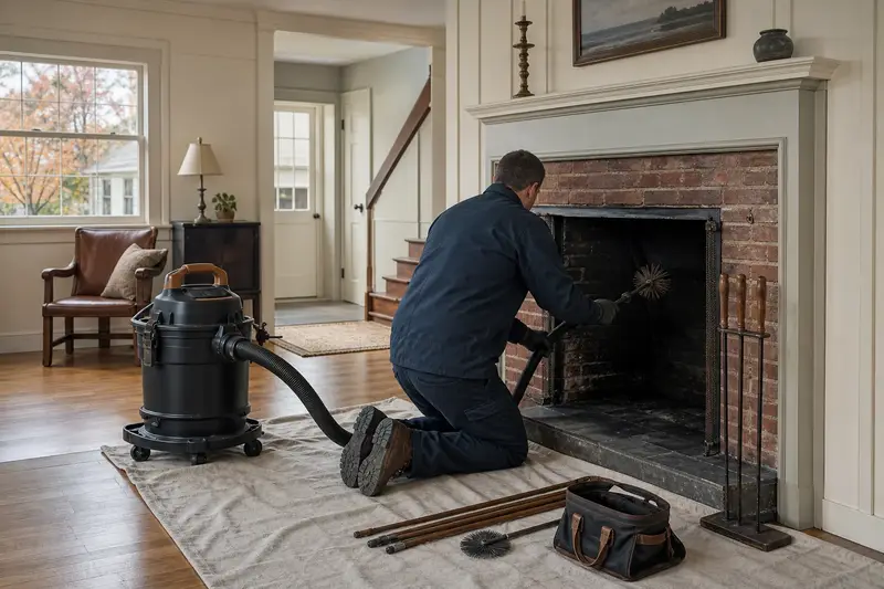 A technician kneeling at an open masonry wood-burning fireplace with a sealed vacuum and drop cloths, the fireplace cold and unlit; illustrative image
