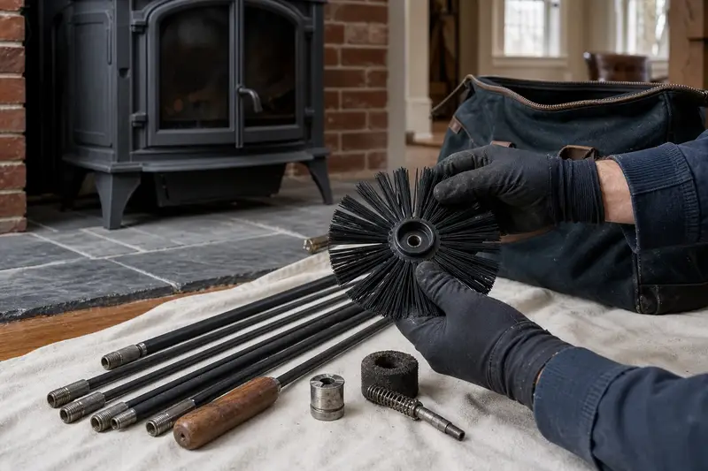 A rotary brush head and flexible rods laid on a canvas drop cloth beside a cast-iron wood stove on a stone hearth pad; illustrative image