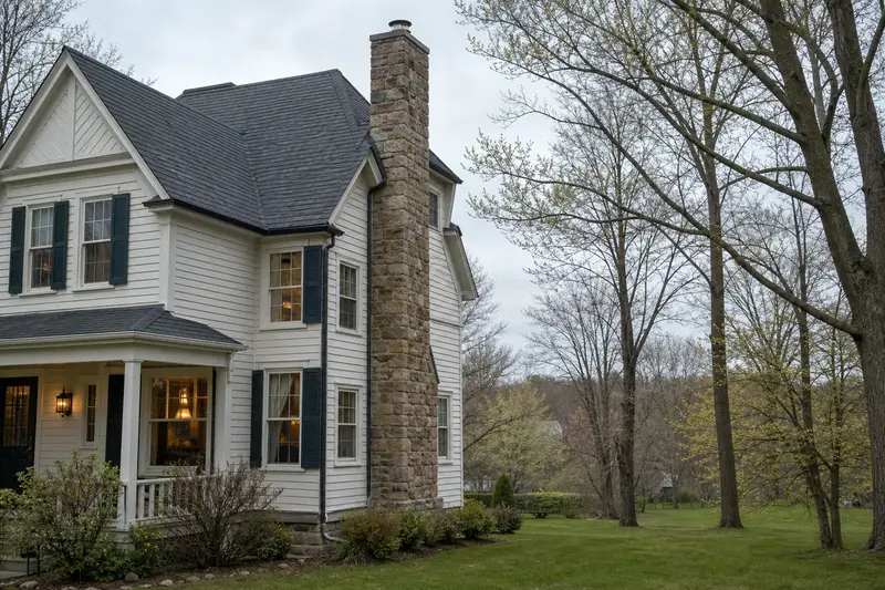 A 1940s Victorian frame house with a stone masonry chimney and a stainless steel cap; illustrative image