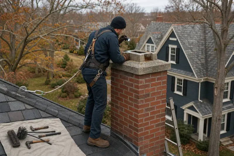 A harnessed technician examining the top of a red brick chimney with a concrete crown with a flashlight from a dry roof surface; illustrative image