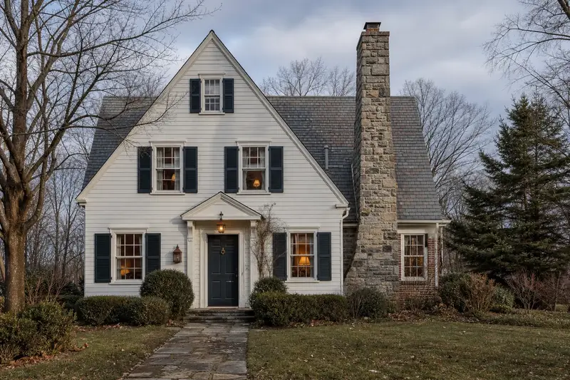 A 1940s steep-gabled frame house with a stone masonry chimney and neat mortar joints; illustrative image