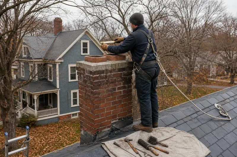 A harnessed mason measuring the crown of a two-flue brick chimney on a slate roof with a folding rule; illustrative image