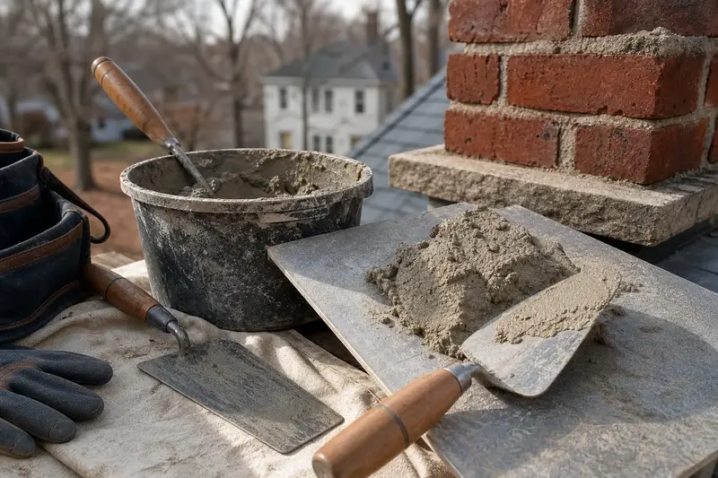 A mortar hawk, trowels and a bucket of mixed mortar set on a roof work platform; illustrative image
