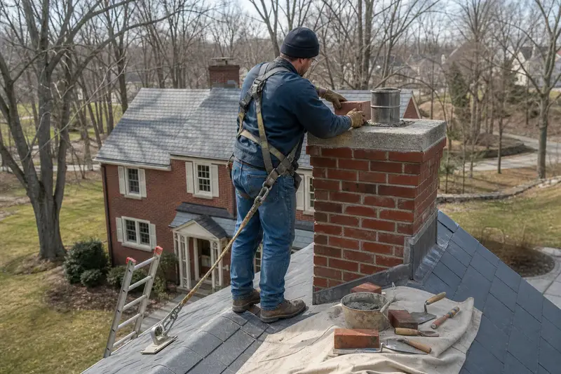 A harnessed mason setting a replacement brick near the top of a red brick chimney with a concrete crown; illustrative image