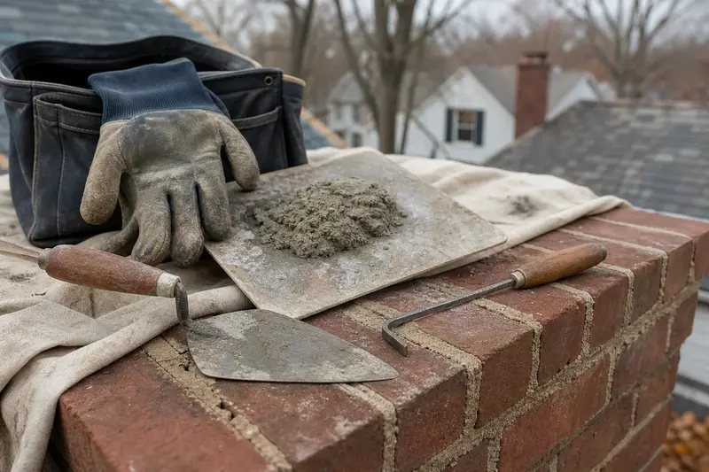 A mortar hawk, pointing trowel and jointer resting on sound brick at a chimney shoulder; illustrative image