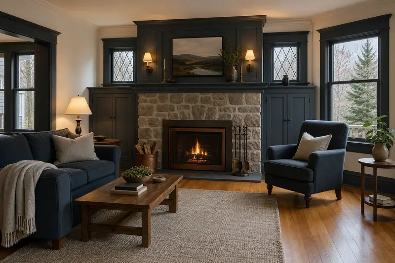 A warm hearth room with a factory-built wood-burning fireplace with a stone facing on a cool evening, no one present; illustrative image