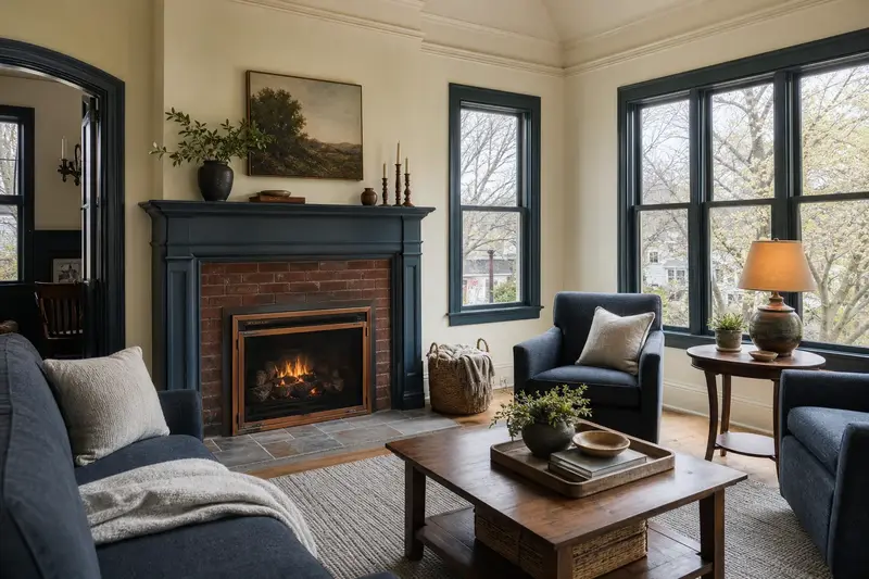 A warm living room with a vented gas log set in a masonry firebox glowing softly behind its glass, no one present; illustrative image