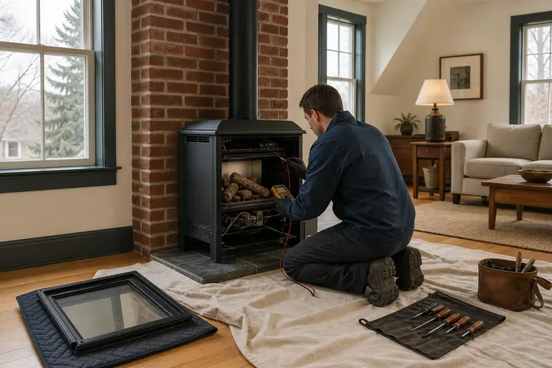 A technician kneeling at a freestanding gas stove with the glass front removed, testing the controls with a multimeter; illustrative image