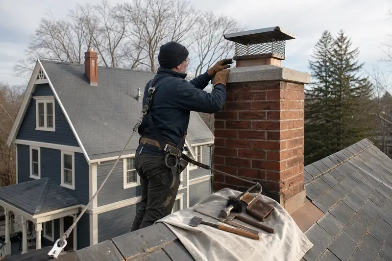 A harnessed technician checking the cap and crown of a tall brick chimney on a steep gable roof before the heating season; illustrative image