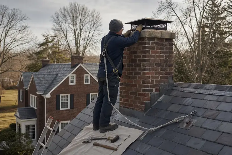 A harnessed technician examining the crown and cap of a tall brick chimney on a steep gable roof from a dry roof; illustrative image