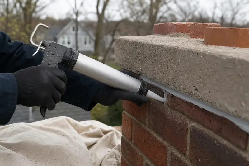 Gloved hands sealing the edge of a concrete chimney crown; illustrative image