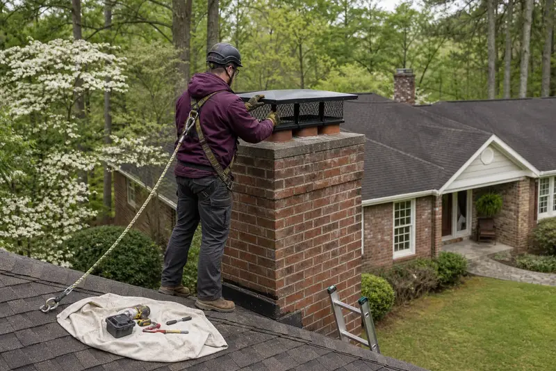 A harnessed technician fastening a multi-flue cap over the crown of an exterior end brick chimney on a gable roof; illustrative image