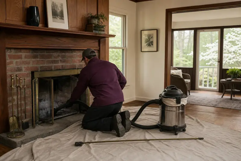 A technician kneeling at an open masonry wood-burning fireplace with a sealed vacuum and drop cloths, the fireplace cold and unlit; illustrative image