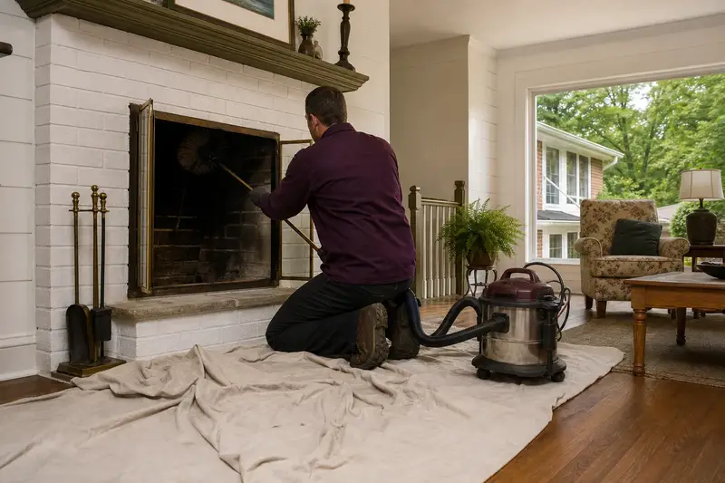 A technician brushing the flue of an open masonry wood-burning fireplace on a humid summer day, drop cloths on the hearth; illustrative image