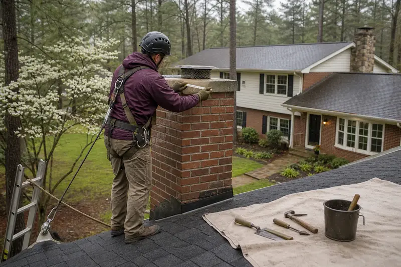A harnessed mason measuring the crown of a red brick chimney with a concrete crown on an asphalt shingle roof with a folding rule; illustrative image