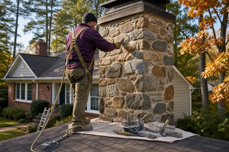A harnessed mason repointing mortar joints on a fieldstone chimney with a metal cap with a pointing trowel; illustrative image