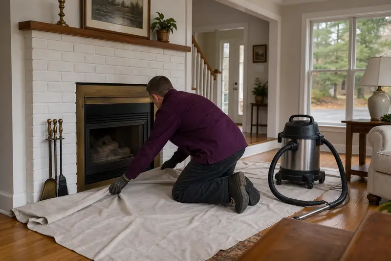 A technician laying drop cloths before servicing a gas insert set in a brick opening, the fireplace cold; illustrative image