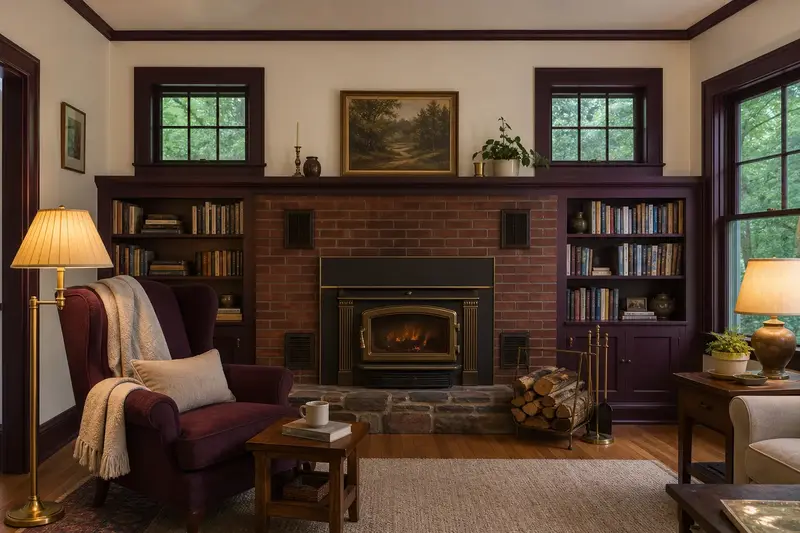 A comfortable hearth room with a wood-burning insert in a brick opening, a reading chair, a wool throw and split firewood, no one present; illustrative image