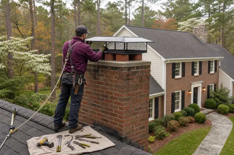 A harnessed technician fastening a multi-flue cap over the crown of an exterior end brick chimney on a gable roof; illustrative image