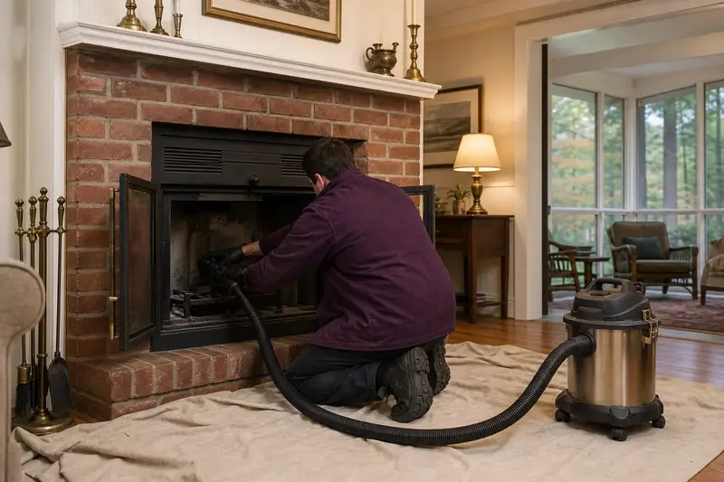 A technician kneeling at a wood-burning insert in a brick opening with a sealed vacuum and drop cloths, the fireplace cold and unlit; illustrative image