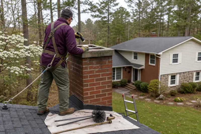 A harnessed technician examining the top of a red brick chimney with a concrete crown on an asphalt shingle roof with a flashlight from a dry roof surface; illustrative image