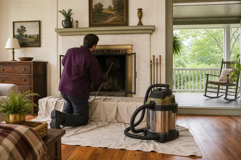 A technician brushing the flue of a factory-built wood-burning fireplace with a stone facing on a humid summer day, drop cloths on the hearth; illustrative image