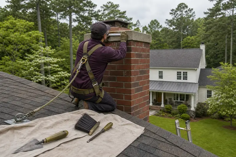 A harnessed mason measuring the crown of a red brick chimney with a concrete crown on an asphalt shingle roof with a folding rule; illustrative image