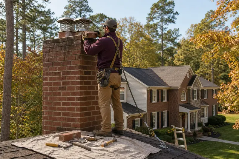 A harnessed mason setting a replacement brick near the top of a two-flue brick chimney with a stainless steel cap; illustrative image