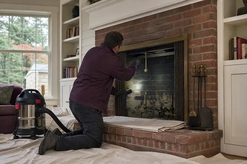 A technician working the stiff damper handle of an open masonry wood-burning fireplace by flashlight, the fireplace cold; illustrative image