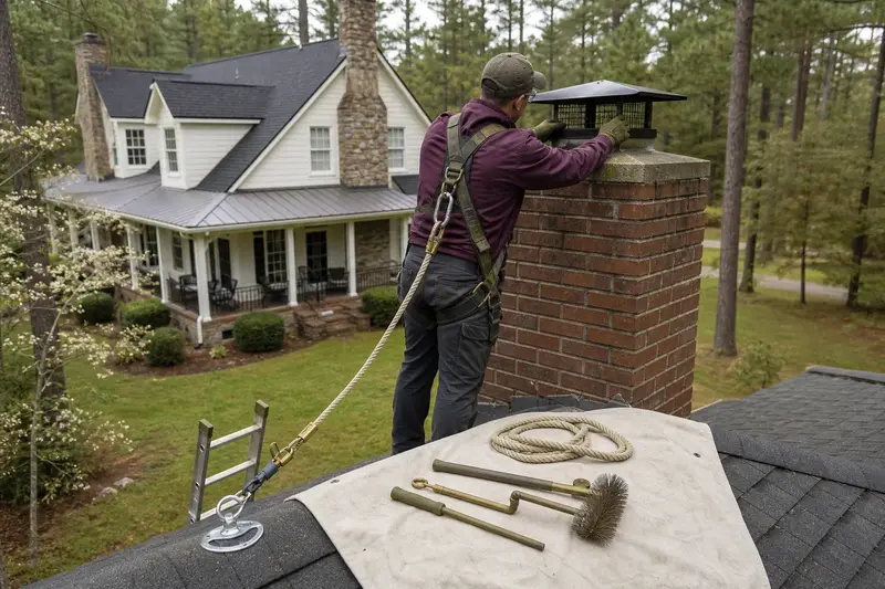 A harnessed technician checking the cap and crown of a red brick chimney with a concrete crown on an asphalt shingle roof before the heating season; illustrative image