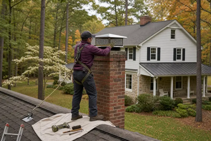 A harnessed technician setting a stainless steel mesh chimney cap onto an exterior end brick chimney on a gable roof; illustrative image