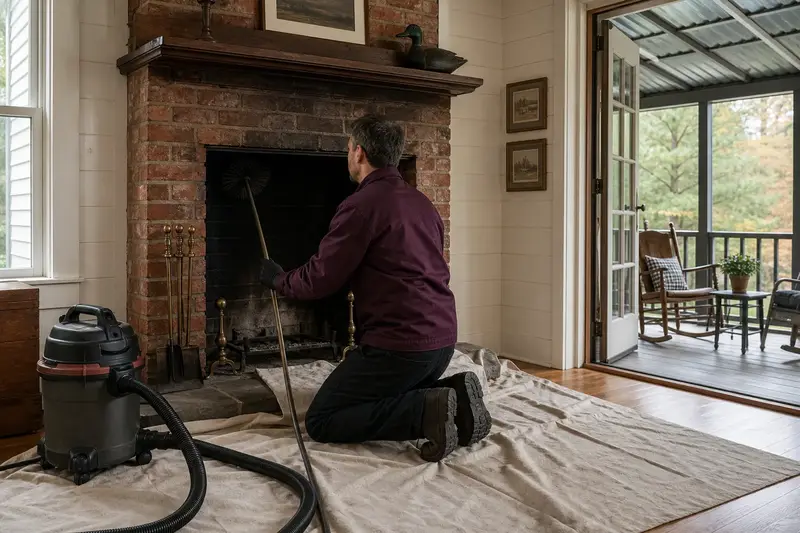 A technician feeding a rotary chimney brush up the flue of an open masonry wood-burning fireplace, drop cloths and a sealed vacuum on the hearth; illustrative image