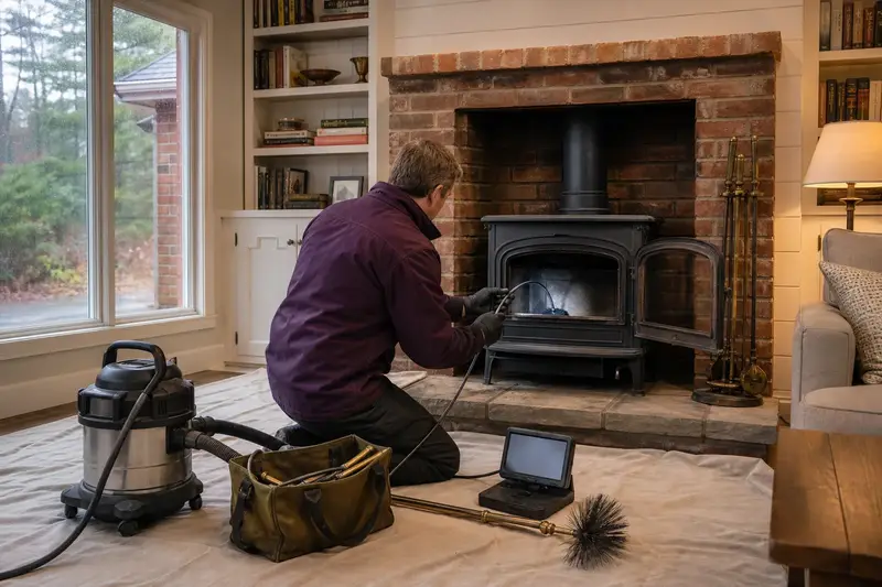 A technician guiding an inspection camera into the firebox of a cast-iron wood stove on a stone hearth pad, the fireplace cold and unlit; illustrative image