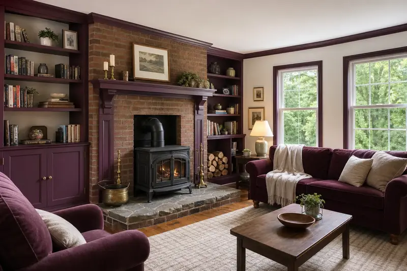 A summer living room with a cast-iron wood stove on a stone hearth pad, glass doors closed and green trees outside the windows; illustrative image