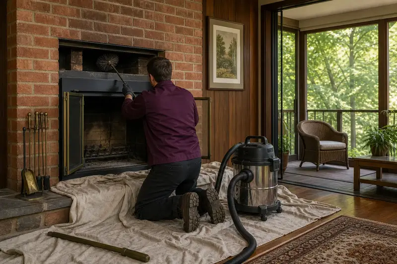 A technician brushing the flue of a wood-burning insert in a brick opening on a humid summer day, drop cloths on the hearth; illustrative image