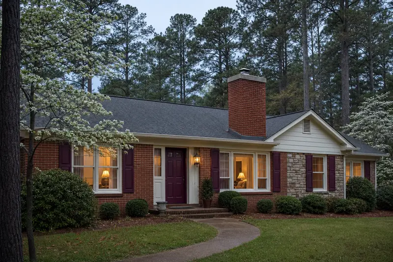 A 1980s brick ranch house with a red brick chimney with a concrete crown on an asphalt shingle roof and neat, even mortar joints; illustrative image