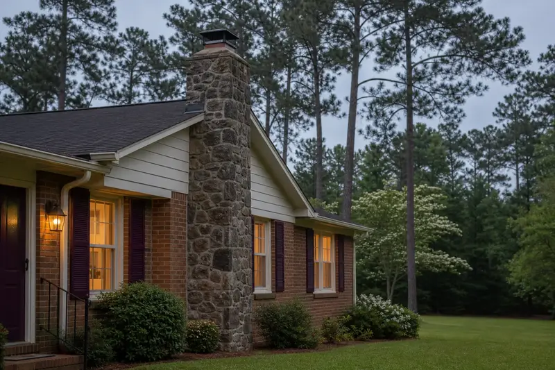A 1980s brick ranch house with a fieldstone chimney with a metal cap and neat mortar joints; illustrative image