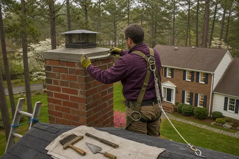 A harnessed mason measuring the crown of a red brick chimney with a concrete crown on an asphalt shingle roof with a folding rule; illustrative image