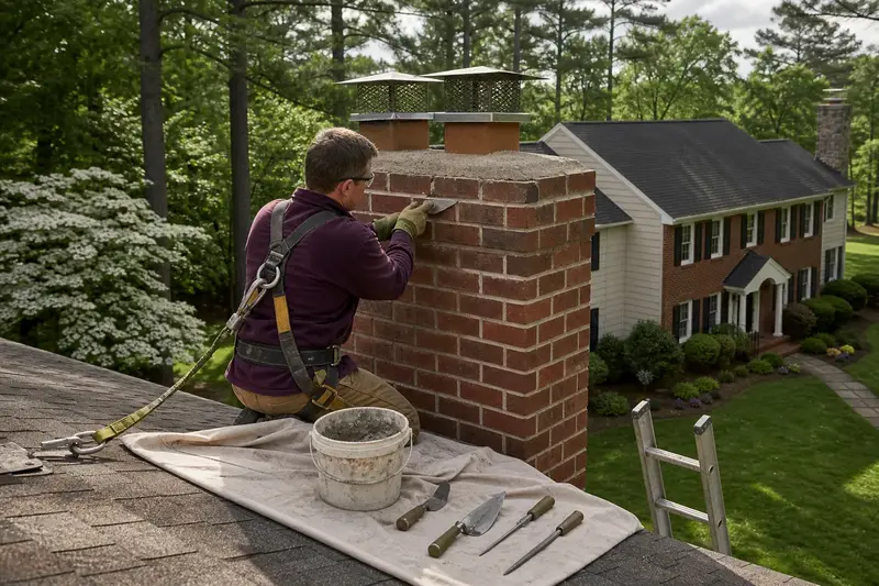 A harnessed mason repointing mortar joints on a two-flue brick chimney with a stainless steel cap with a pointing trowel; illustrative image