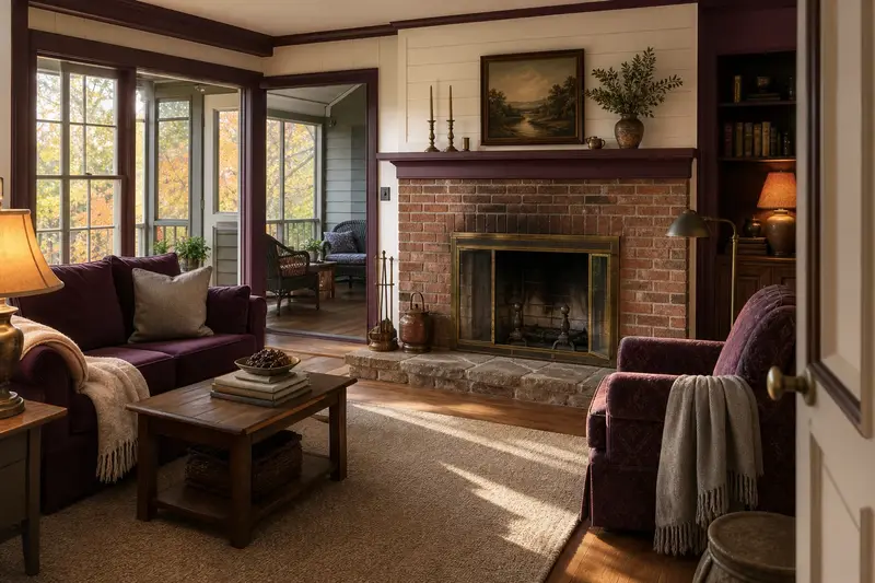 A hearth room with an open masonry wood-burning fireplace and a clean, cold firebox; illustrative image