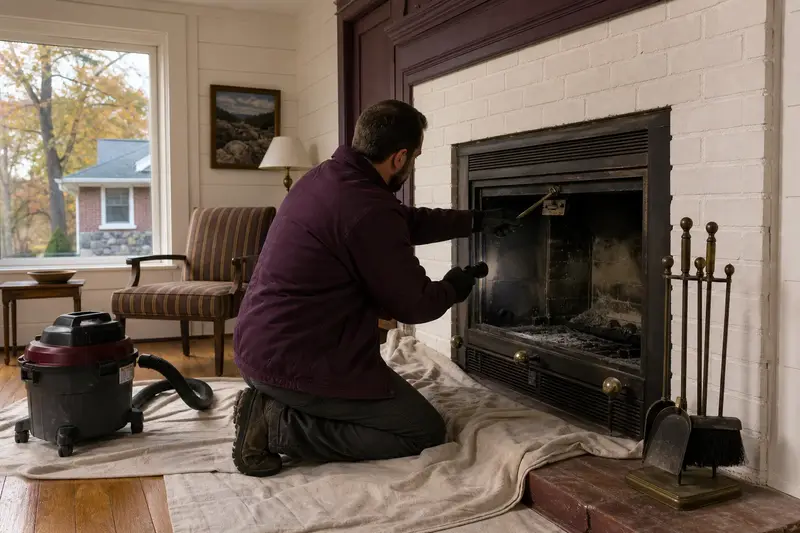 A technician working the stiff damper handle of a wood-burning insert in a brick opening by flashlight, the fireplace cold; illustrative image