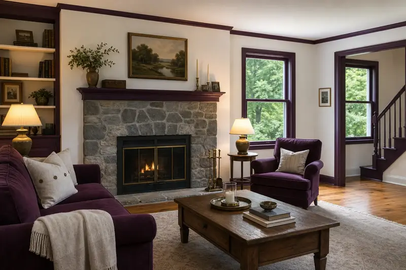 A restored hearth room with a factory-built wood-burning fireplace with a stone facing, a clean hearth and brass fireplace tools; illustrative image